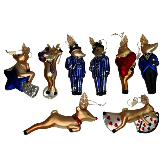 VTG Pottery Barn Reindeer Blown Glass Ornaments 1998 Set of 8 Comet Vixen Cupid - Picture 1 of 12
